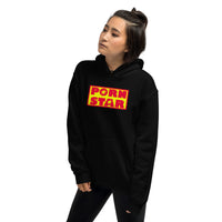 Yellow Red Porn Star Logo design on unisex hoodie, left-front view