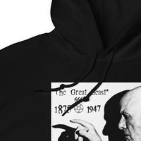 Aleister Crowley design on unisex hoodie, detail view
