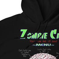 Zombie Cafe Brains Menu design on unisex hoodie, detail view