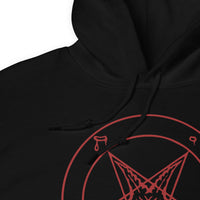 Red Sigil of Baphomet design on unisex hoodie, detail view