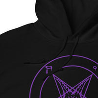 Purple Sigil of Baphomet design on unisex hoodie, detail view