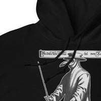 Historical Plague Doctor design on unisex hoodie, detail view