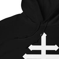White Leviathan Cross design on unisex hoodie, detail view