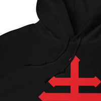 Red Leviathan Cross design on unisex hoodie, detail view