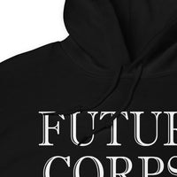 Future Corpse design on unisex hoodie, detail view
