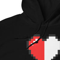 Pixel Half Heart design on unisex hoodie, detail view