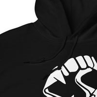 White Novelty Vampire Fangs design on unisex hoodie, detail view