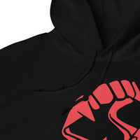 Red Novelty Vampire Fangs design on unisex hoodie, detail view