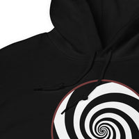 Hypnotic Spiral Illusion design on unisex hoodie, detail view