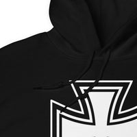Black White Iron Cross design on unisex hoodie, detail view
