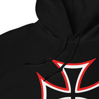 Red White Iron Cross design on unisex hoodie, detail view