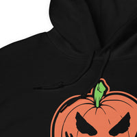 Scary Jack O' Lantern design on unisex hoodie, detail view