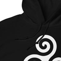 White Triskelion design on unisex hoodie, detail view