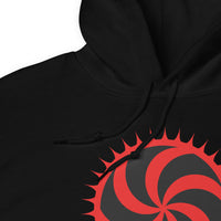Red Deadly Swirl design on unisex hoodie, detail view