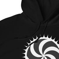 White Deadly Swirl design on unisex hoodie, detail view