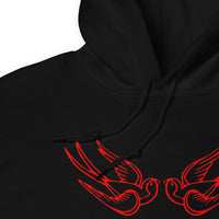 Red Falling Sparrows design on unisex hoodie, detail view