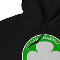 Silver Shamrock Novelties design on unisex hoodie, detail view