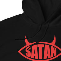 Red Satan Fish design on unisex hoodie, detail view