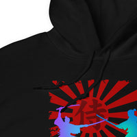 Samurai Duel Rising Sun design on unisex hoodie, detail view