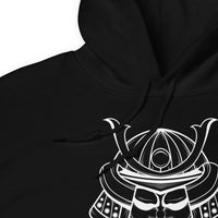 White Samurai Kabuto Mask design on unisex hoodie, detail view