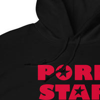 Red Porn Star Logo design on unisex hoodie, detail view