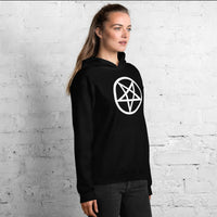 White Inverted Pentagram design on unisex hoodie, right-front view