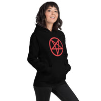 Red Inverted Pentagram design on unisex hoodie, right-front view