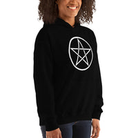 White Wiccan Pentagram design on unisex hoodie, right-front view