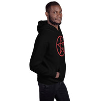Red Wiccan Pentagram design on unisex hoodie, right-front view