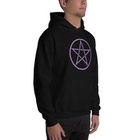 Purple Wiccan Pentagram design on unisex hoodie, right-front view