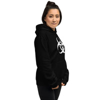 White Biohazard Symbol design on unisex hoodie, right-front view