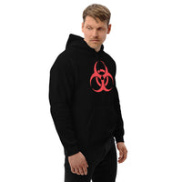 Red Biohazard Symbol design on unisex hoodie, right-front view