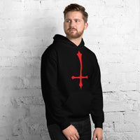 Red Inverted Cross design on unisex hoodie, right-front view
