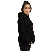 Red Melting Inverted Cross design on unisex hoodie, right-front view