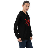 Red Unicursal Hexagram design on unisex hoodie, right-front view