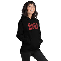 Black Red Gothic Stripes design on unisex hoodie, right-front view