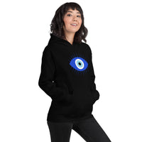Curse of the Evil Eye design on unisex hoodie, right-front view