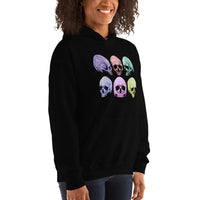 Pastel Death Skulls design on unisex hoodie, right-front view