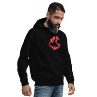 Red Novelty Vampire Fangs design on unisex hoodie, right-front view