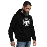 Black White Iron Cross design on unisex hoodie, right-front view