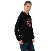 Red White Iron Cross design on unisex hoodie, right-front view