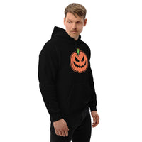 Scary Jack O' Lantern design on unisex hoodie, right-front view