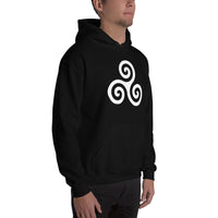 White Triskelion design on unisex hoodie, right-front view
