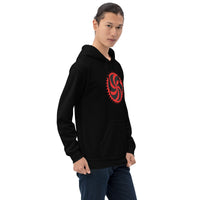 Red Deadly Swirl design on unisex hoodie, right-front view