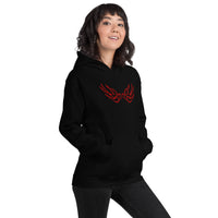Red Falling Sparrows design on unisex hoodie, right-front view