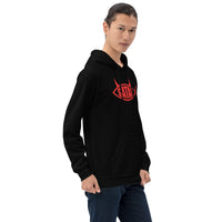 Red Satan Fish design on unisex hoodie, right-front view