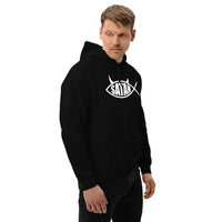 White Satan Fish design on unisex hoodie, right-front view