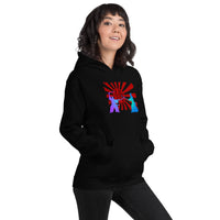 Samurai Duel Rising Sun design on unisex hoodie, right-front view
