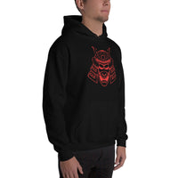 Red Samurai Kabuto Mask design on unisex hoodie, right-front view