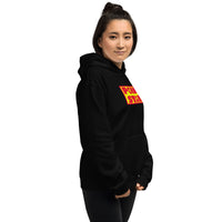 Yellow Red Porn Star Logo design on unisex hoodie, right-front view
